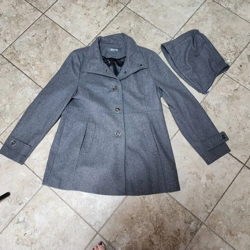 Womens Kenneth Cole Reaction Wool Coat size 14 Removable Hood